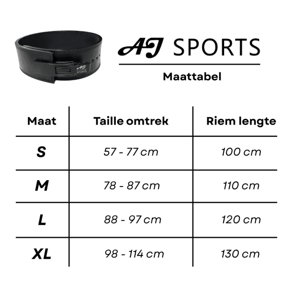 Maattabel van powerlift riem AJ-Sports maat S t/m XL