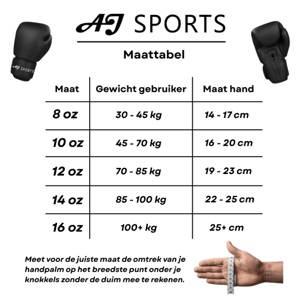 Maattabel 8oz tot 16oz voor bokshandschoenen