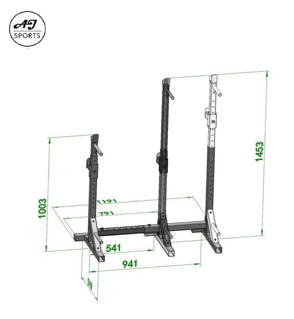 Squat rack voorkant met afmetingen