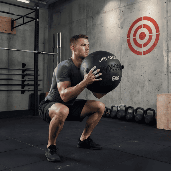 persoon die gehurkt wall ball gebruikt in gym