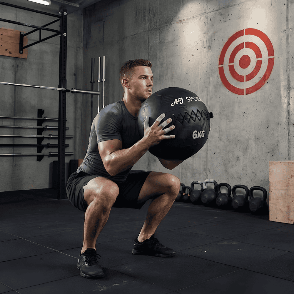 persoon die gehurkt wall ball gebruikt in gym