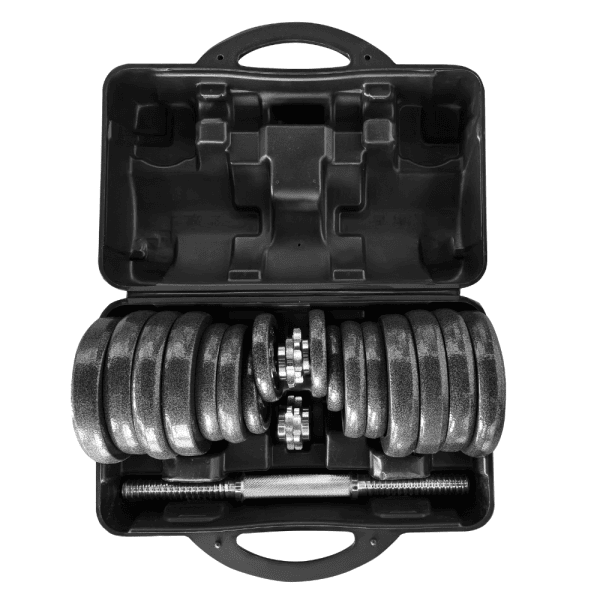 Set met verstelbare dumbbells en accessoires in koffer voor krachttraining.