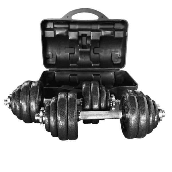 Verstelbare dumbbells met koffer voor krachttraining en fitness.