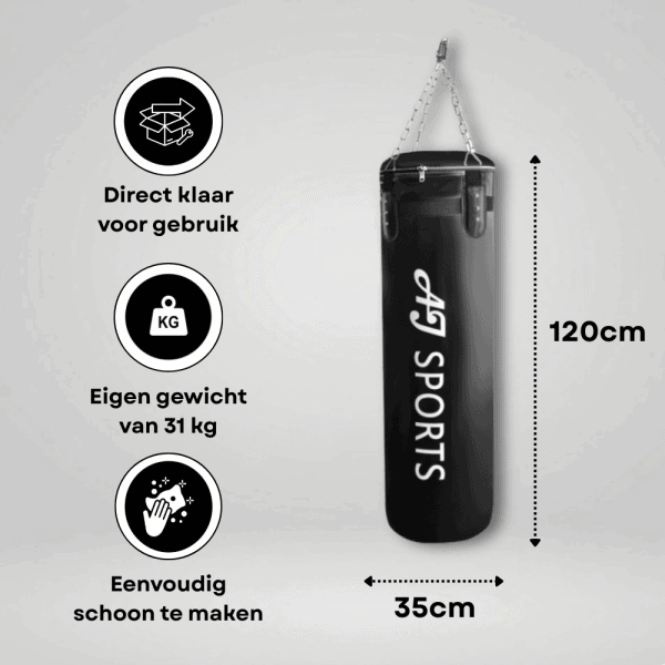 Informatie en afmetingen van een hangende bokszak van 120cm