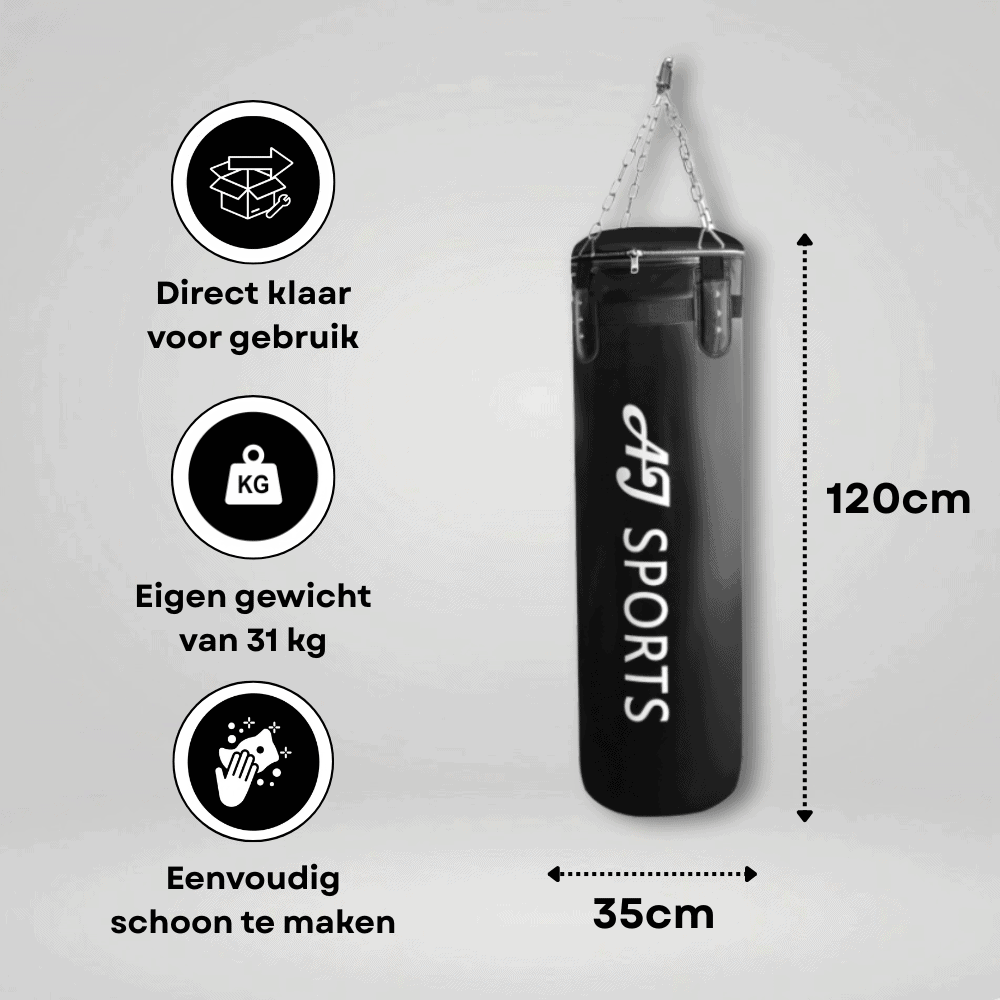 Informatie en afmetingen van een hangende bokszak van 120cm