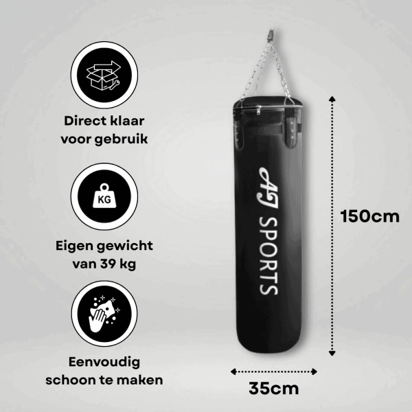 Informatie en afmetingen van hangende bokszak van 150cm