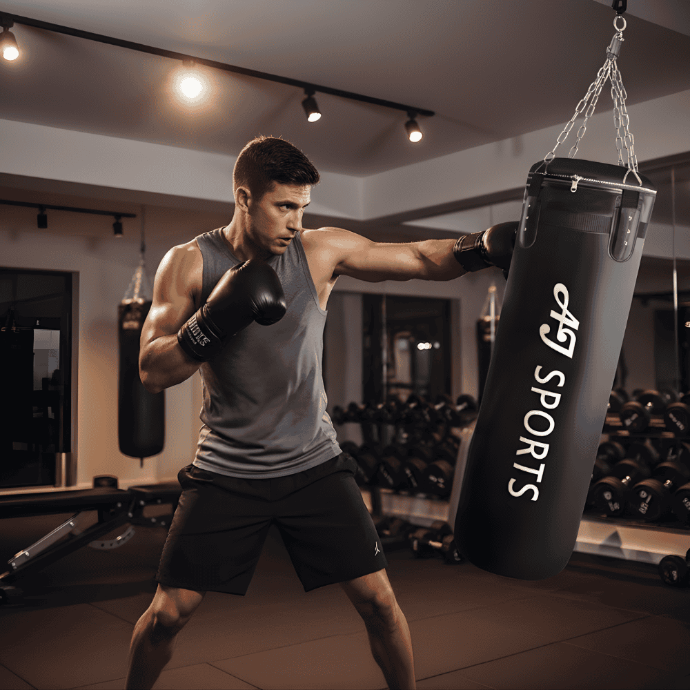 Man die tegen een hangende bokszak van 120cm slaat