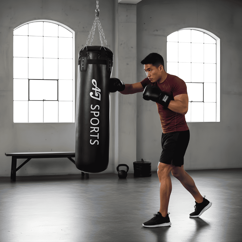 Man die tegen een hangende bokszak van 150cm slaat