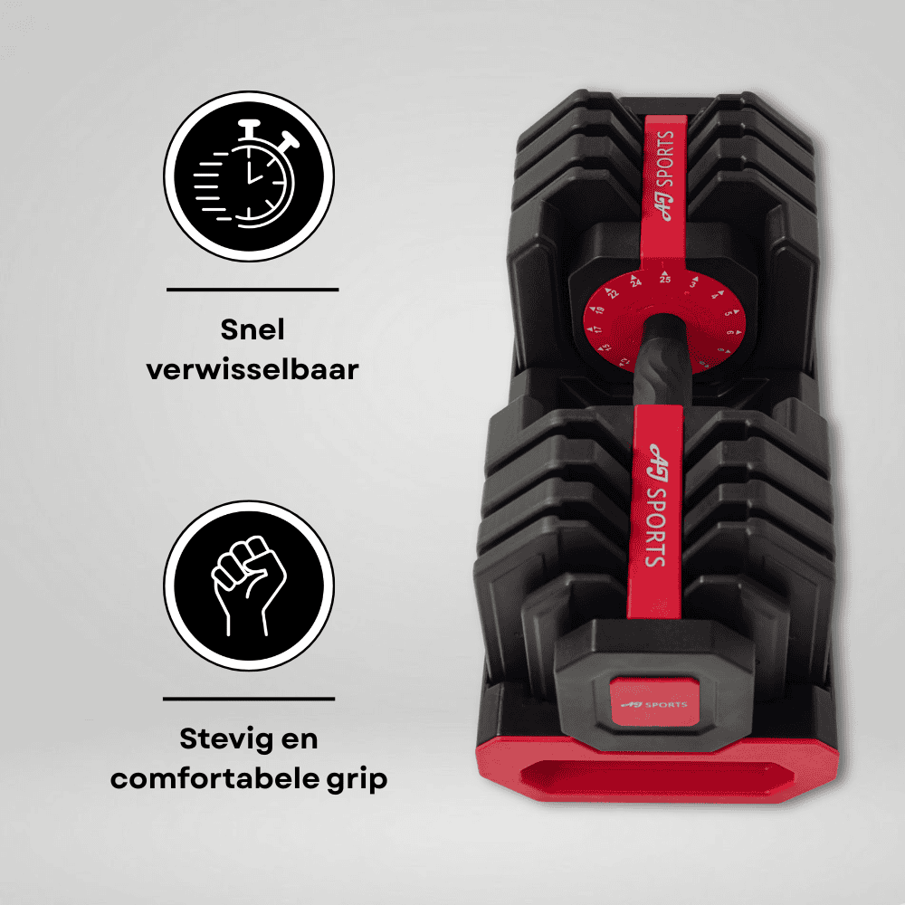 Infographic over rood / zwarte verstelbare dumbbell 25kg