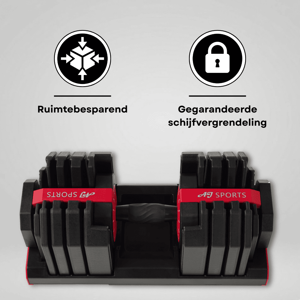 Infographic over rood / zwarte verstelbare dumbbell 25kg