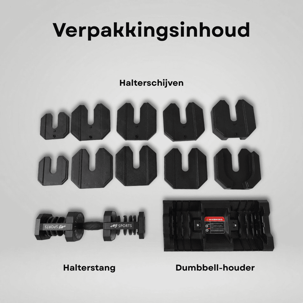 Verpakkingsinhoud AJ-Sports verstelbare dumbbell 25kg zwart