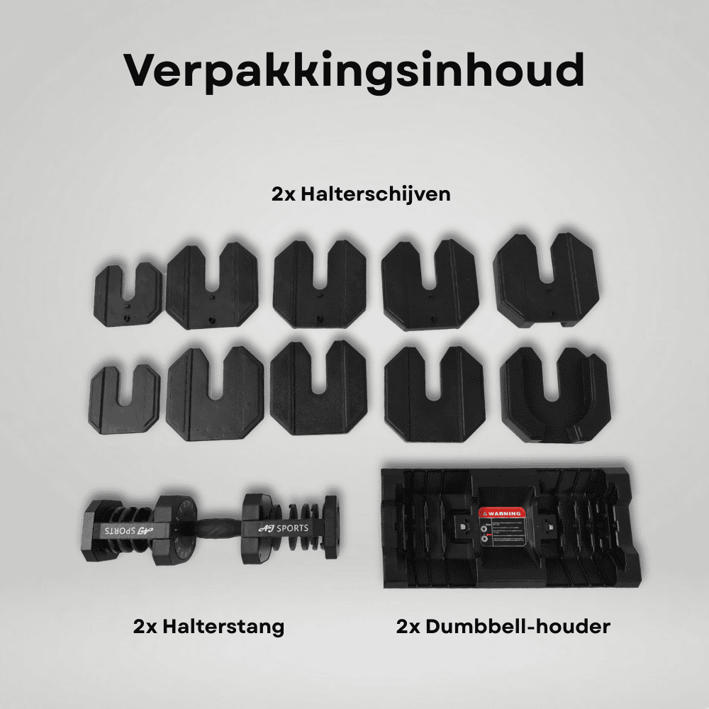 Verpakkingsinhoud van verstelbare dumbbells 25kg zwart