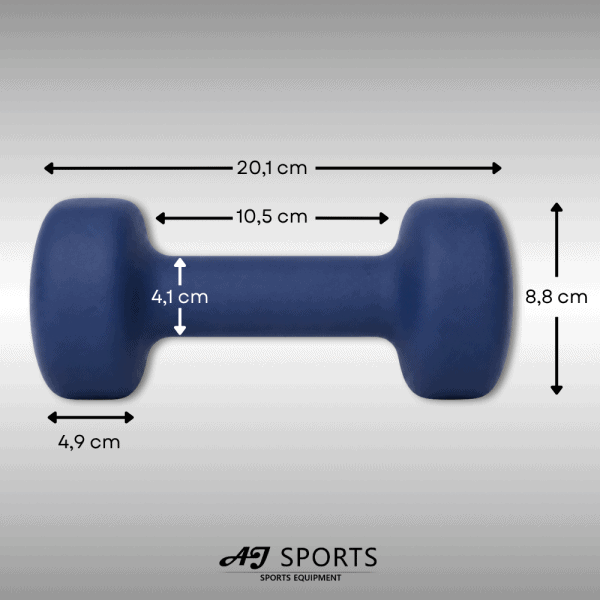 Afmetingen van vinyl dumbbell set 4kg van AJ-Sports in blauw