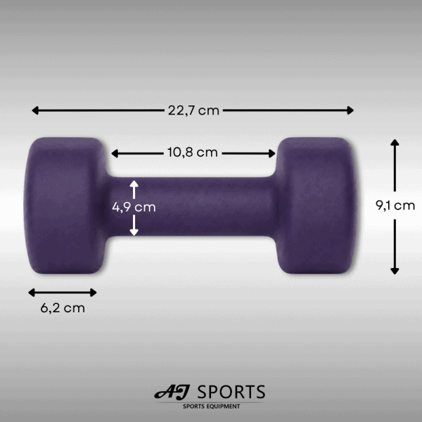 Afmetingen van vinyl dumbbell set 6kg van AJ-Sports in het paars
