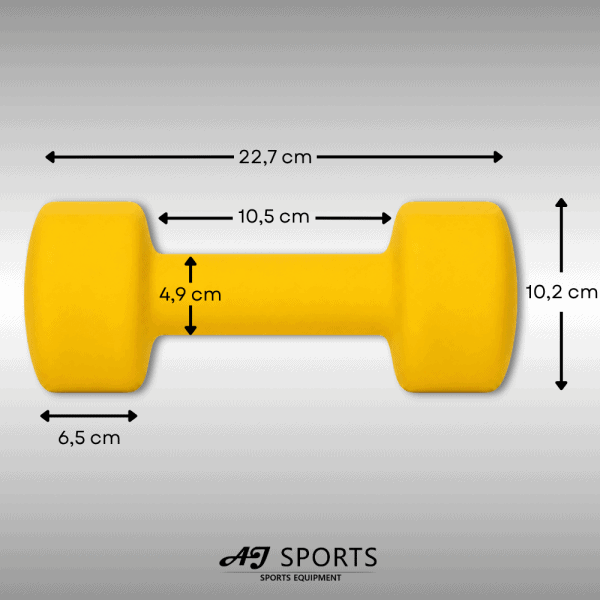 Afmetingen van vinyl dumbbell set 7kg van AJ-Sports in het geel
