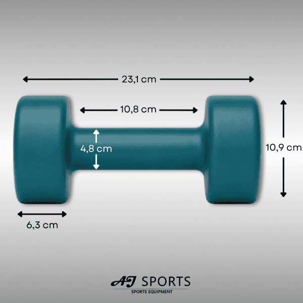 Afmetingen van vinyl dumbbell set 8kg van AJ-Sports in het groen