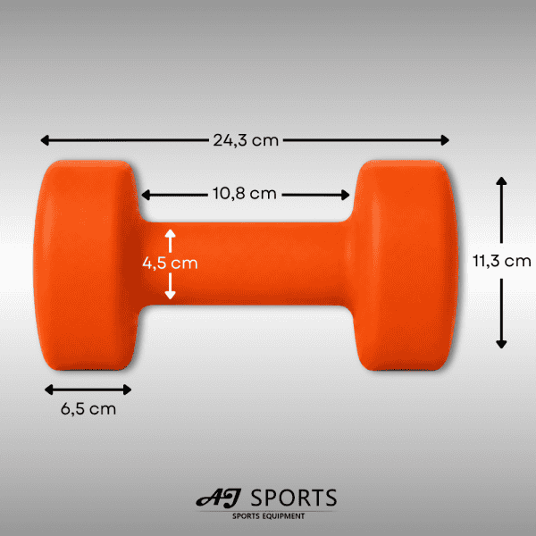 Afmetingen van vinyl dumbbell set 9kg van AJ-Sports in oranje kleur