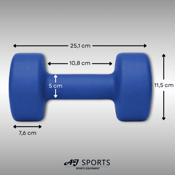 Afmetingen van vinyl dumbbell set 10kg van AJ-Sports in het blauw