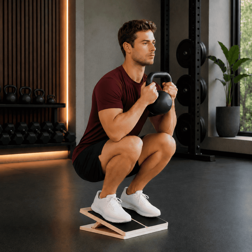 Houten slant board van AJ-Sports in gebruik met squat met kettlebell