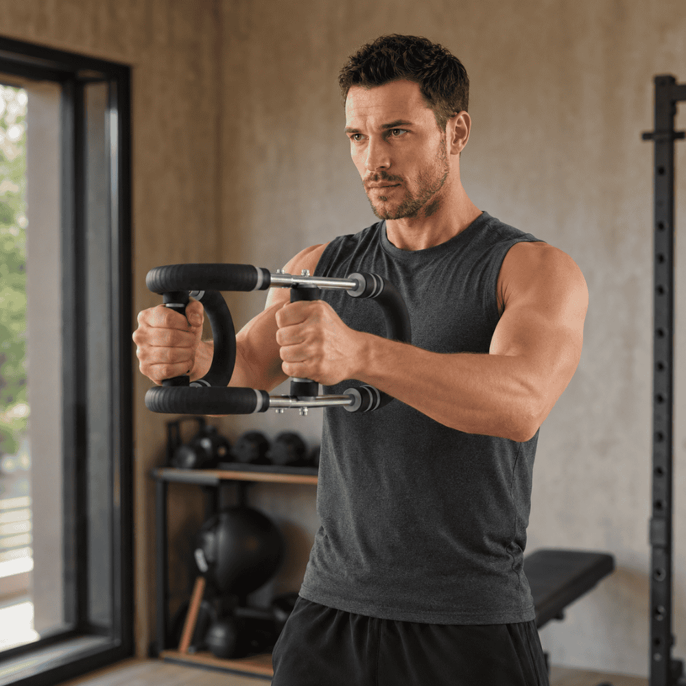 Sfeerbeeld van man die arm trainer van AJ-Sports thuis gebruikt