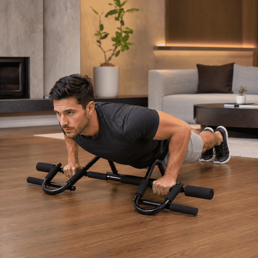 Sfeerbeeld dat een man een push up doet aan de pull up bar van AJ-Sports