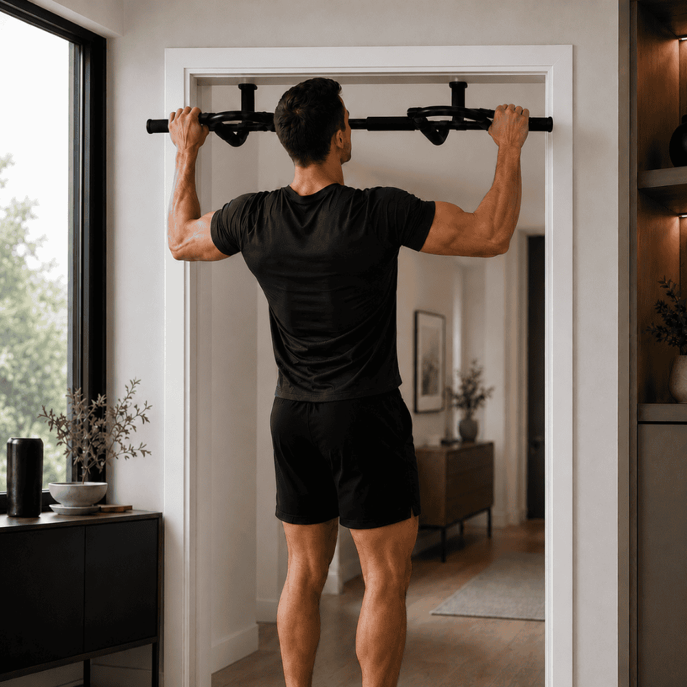 Sfeerbeeld dat een man een pull up doet aan de pull up bar van AJ-Sports