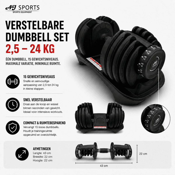 Verstelbare dumbbell 24kg Zwart (Per stuk) - Afbeelding 4